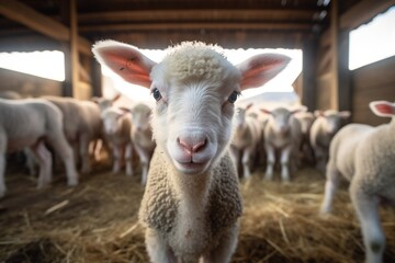 Obraz premium Portrait of a cute lamb on a background of sheep in the barn