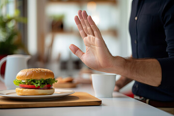 Close-up of male hand showing stop gesture to cheeseburger - obrazy, fototapety, plakaty