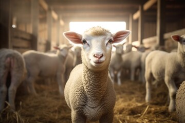 Fototapeta premium Portrait of a cute lamb on a background of sheep in the barn