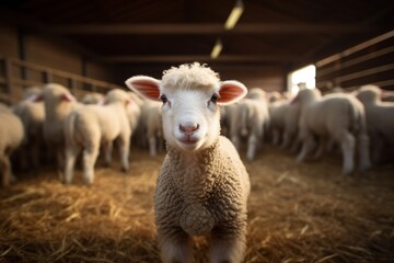 Obraz premium Portrait of a cute lamb on a background of sheep in the barn