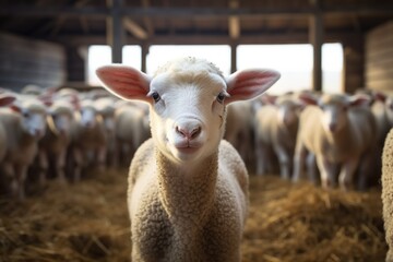Obraz premium Portrait of a cute lamb on a background of sheep in the barn