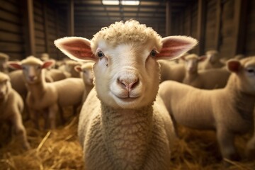 Obraz premium Portrait of a cute lamb on a background of sheep in the barn