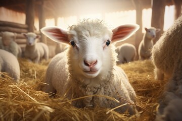 Obraz premium Portrait of a cute lamb on a background of sheep in the barn
