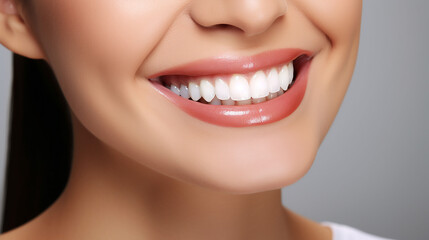 Obraz premium oung beautiful woman smiling on white background. Oral hygiene concept close up. Made with generative ai