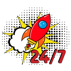 24 7 service pop art. 24 by 7 open, concept with timer. Banner 24 hours a day open. Vector Design with Cartoon, Comic Speech Bubble in pop-art style.