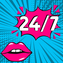 24 7 service pop art. 24 by 7 open, concept with timer. Banner 24 hours a day open. Vector Design with Cartoon, Comic Speech Bubble in pop-art style.