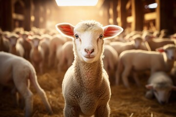 Portrait of a cute lamb on a background of sheep in the barn - obrazy, fototapety, plakaty