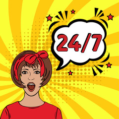 24 7 service pop art. 24 by 7 open, concept with timer. Banner 24 hours a day open. Vector Design with Cartoon, Comic Speech Bubble in pop-art style.