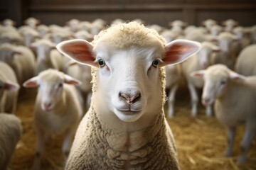 Fototapeta premium Portrait of a cute lamb on a background of sheep in the barn