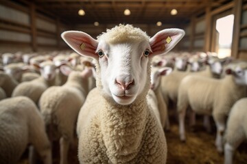 Obraz premium Portrait of a cute lamb on a background of sheep in the barn