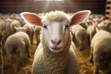 Fototapeta premium Portrait of a cute lamb on a background of sheep in the barn