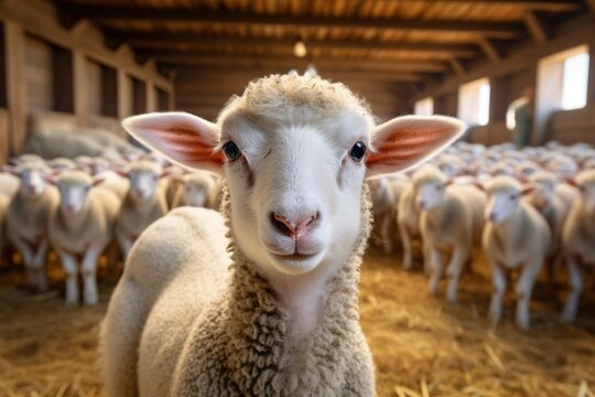 Portrait of a cute lamb on a background of sheep in the barn