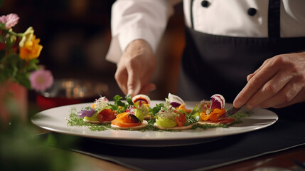 Obraz na płótnie Canvas beautiful plate of food served in restaurant, gourmet, waiter food service, dinner, lunch
