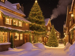 Winter snowy image with a wooden house with Christmas decorations.