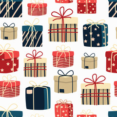 Holiday seamless pattern with different gift boxes, cartoon style. Christmas, birthday background in vibrant colors. Trendy modern vector illustration, hand drawn, flat