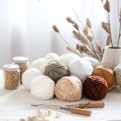 colorful balls of thread and metal knitting needles on a white wooden table for handicraft card design soft light