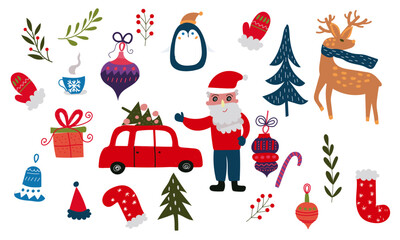 christmas and icons set vector, Santa, red car with Christmas tree, Christmas tree decorations, Christmas socks 