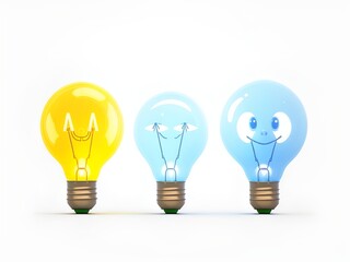 three electric light bulbs in cartoon style, concept of new ideas and originality