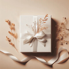 A gift packed-box in craft packagin, dry flowers. Mockup for a project in beige colors.	