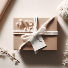 A gift packed-box in craft packagin, dry flowers. Mockup for a project in beige colors.	