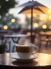 Obraz premium Cup of hot coffee in cafe at rainy weather. AI generated illustration