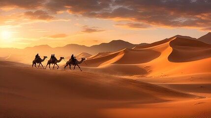 Fototapeta na wymiar Desert caravan in motion, panoramic shot of camels and traders crossing vast desert expanses, showcasing age-old trade routes amidst nature's majesty.