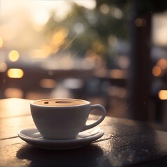 Cup of hot coffee in cafe at rainy weather. AI generated illustration