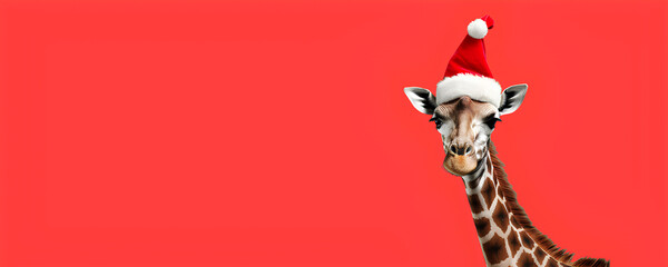 Fototapety  Christmas giraffe red background with copy space