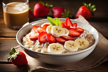 Bowl of oatmeal porridge with banana, strawberries coconut and caramel sauce on rustic table, hot and healthy food for breakfast. generative AI - obrazy, fototapety, plakaty
