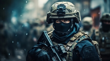Conflict war. Uniformed soldier in full armor helmet