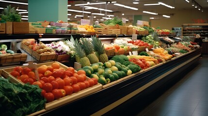 Display of exotic produce, eye-level shot of a vibrant array of imported fruits and vegetables, highlighting the blend of global tastes at a local supermarket.