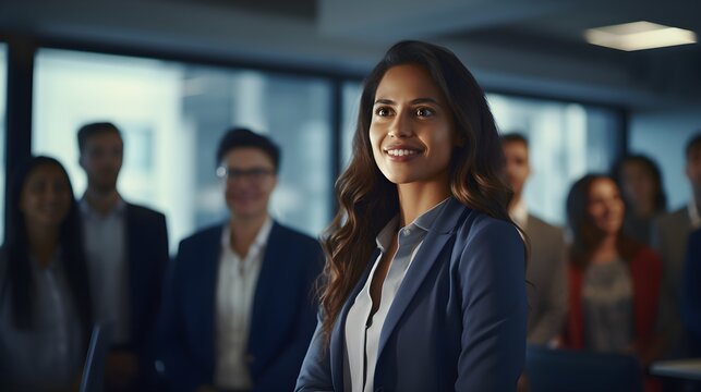 Leading With Vision, Medium Shot Of A Determined Woman Entrepreneur Leading A Team Discussion, Her Poised Stance And The Attentive Faces Around Her Indicating Strong Leadership.