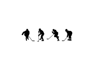 Set of Ice Hockey Player Silhouette in various poses isolated on white background
