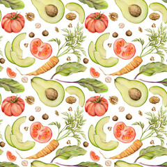 Hand drawn watercolor vegetables, salad and nuts mix for diet, healthy lifestyle, vegan cooking. Illustration seamless pattern isolated on white background. Design poster, print, website, card, menu