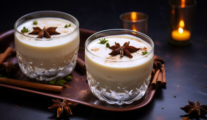 Christmas milk drink with spices, eggnog, in glass glasses, holiday mood.