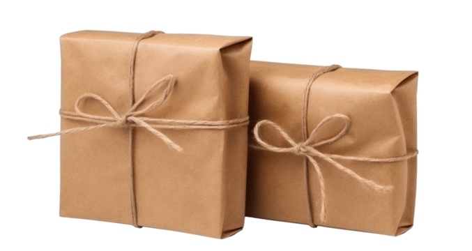 Two brown craft paper wrapped gift boxes, cut out