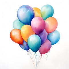 Colorful Birthday balloons watercolor painting. Generative ai. 