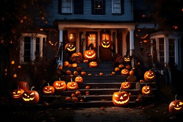 Outside a house are pumpkins and decorations for Halloween. A house decorated for Halloween in the night