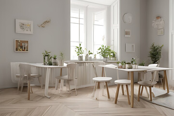 Modern Clean Contemporary Grey White Kitchen, Wooden Dining Table with Big Window and Herringbone Parquet Floor