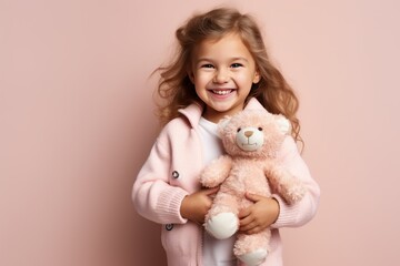 Happy Girl with Teddy bear smiling for the Camera at a Professional Photo Shoot in front of a pink background Generative Ai