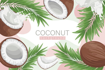 Coconut background. Cosmetic label background, realistic coconut milk, coconut and palm leaves on abstract pink texture. Beach poster. Vector - obrazy, fototapety, plakaty