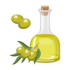 Olive oil and twigs with olives and leaves. Food illustration, vector