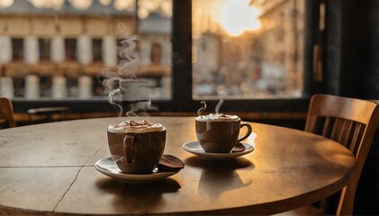 Two steaming cups of hot chocolate with a dollop of whipped cream and a sprinkling of cocoa powder: In a cozy coffee shop, filled with warm golden light from the large windows.
