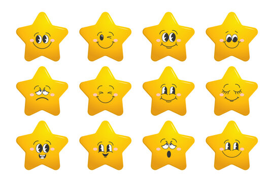 Star character set. Gold funny stars with emotions on face, cute cartoon emoji design. Vector