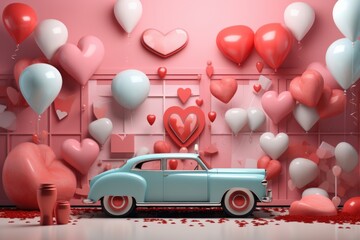 Interior for Valentine's Day. Retro blue car, heart-shaped balloons in traditional pink and red colors. A place for a photo shoot, a greeting card.