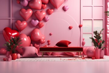 The interior of the living room with a sofa with red balloons in the shape of a heart for Valentine's Day. A hotel, an apartment or an area for a photo shoot  