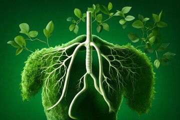 Green plants surround the lungs against a green background