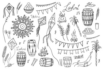 Beautiful set of Lohri festival objects and symbols. Indian festival. Kite, rye, spikelet, drums, bonfire, fire, wheat, harvest, sugarcane, sheaves of roasted corn, gurh and gachak. Hand drawn - obrazy, fototapety, plakaty