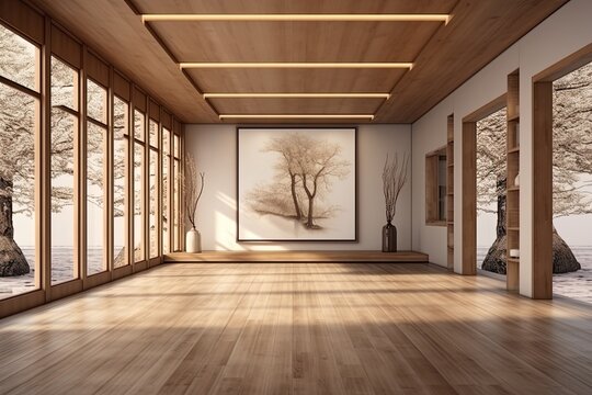 Empty luxury room with wooden floor and roof with lights and window. Created with Ai