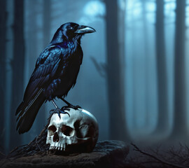Black raven sitting on skull on forest background. Bird of death. Symbol of the sacred and mystical. AI generative image. - obrazy, fototapety, plakaty
